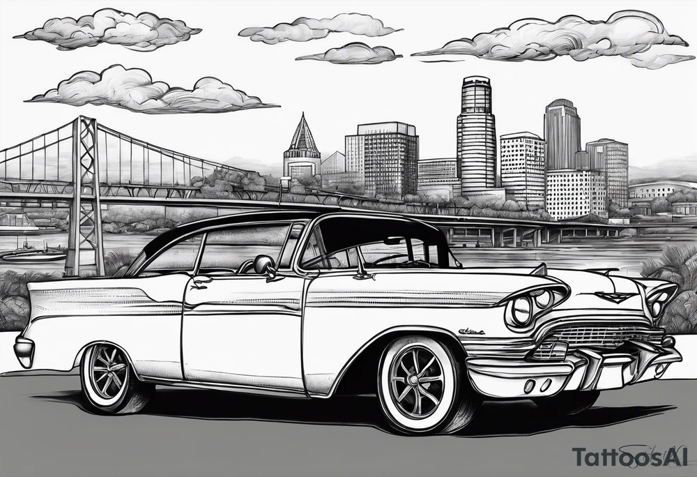old school car parked looking into the sacramento skyline tattoo idea