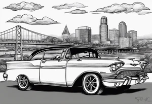 old school car parked looking into the sacramento skyline tattoo idea