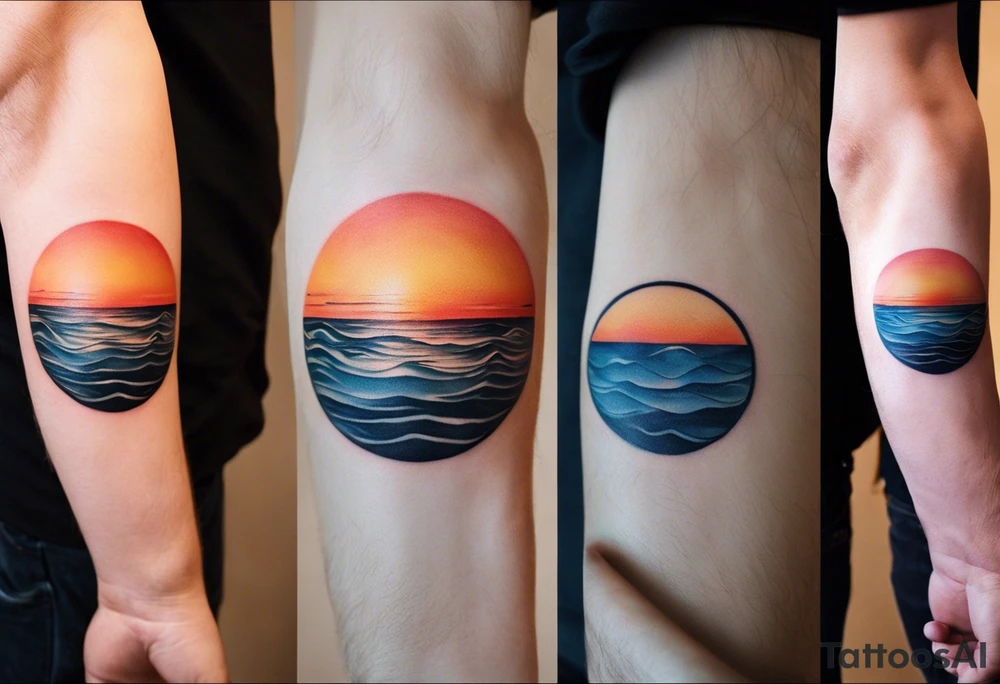 This is an extremely simple and minimalistic tattoo on male forearm. The tattoo covers the forearm lengthwise and is not tall or round. From the perspective of being on the ocean, Water is calm, with no waves in sight, the sun is setting behind the ocean, reflecting light onto the ocean. tattoo idea