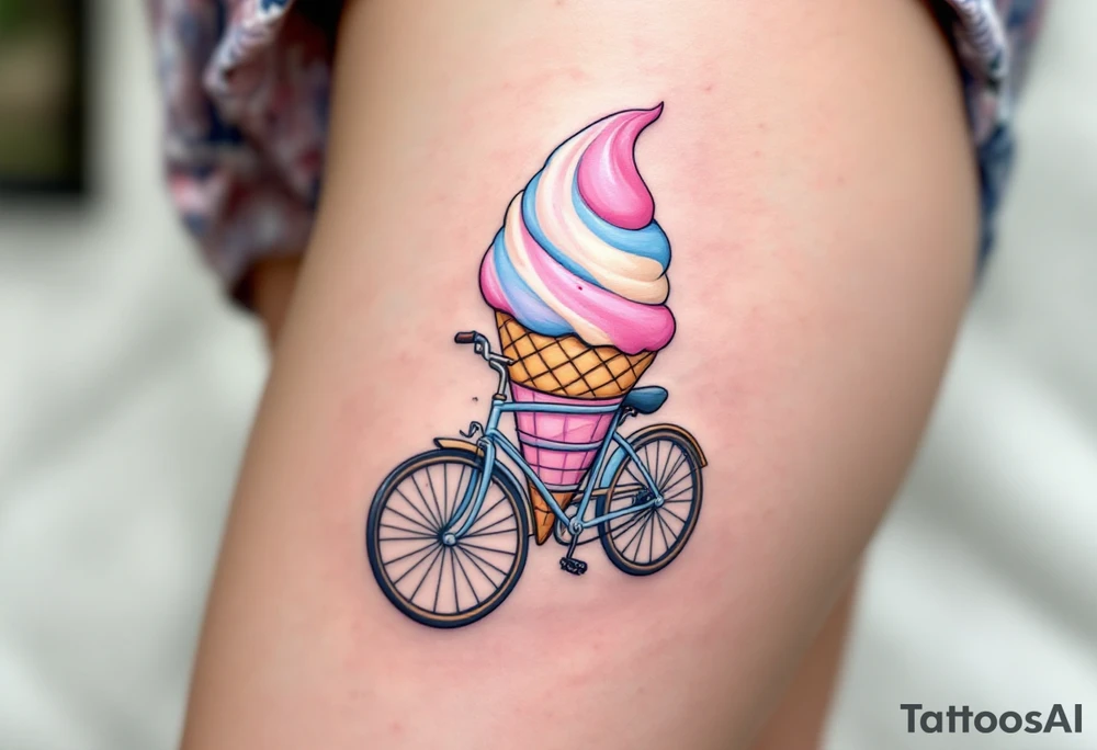 A bicycle with a giant ice cream cone in the front bicycle basket, with pastel pinks, blues, and creamy whites, representing indulgence and happiness. tattoo idea