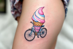 A bicycle with a giant ice cream cone in the front bicycle basket, with pastel pinks, blues, and creamy whites, representing indulgence and happiness. tattoo idea