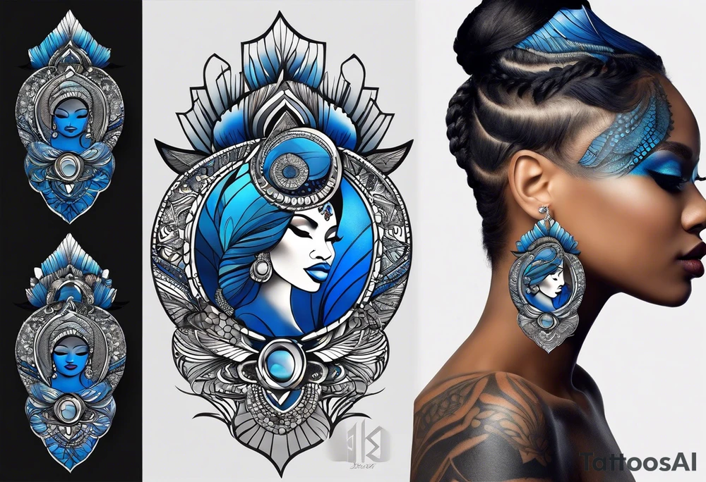 mulher iemanjá africana em preto e cinza com conchas marinhas, fundo da imagem com tons de azul tattoo idea