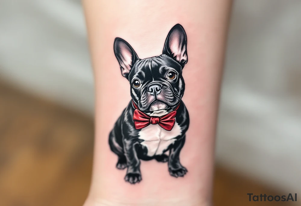 French Bulldog wearing a bowtie, sitting upright with alert ears, black fur with chest patch in white, and red bowtie for contrast. tattoo idea