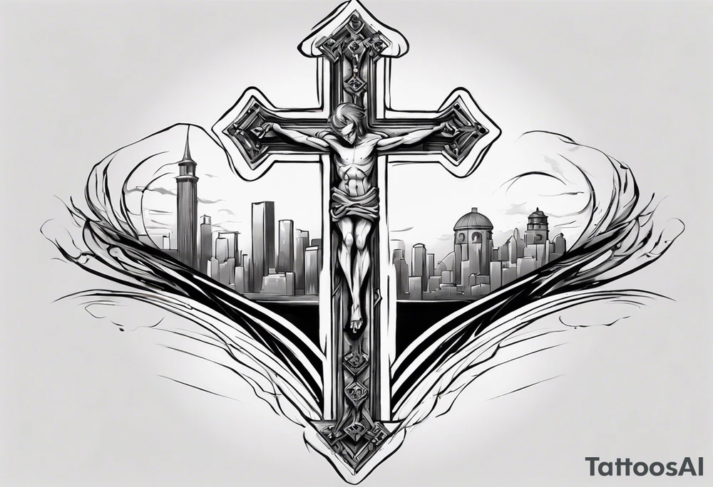 Inner bicep, stretched horizontally, bridge leading to a cross tattoo idea Inner bicep, stretched horizontally, bridge leading to a cross tattoo idea