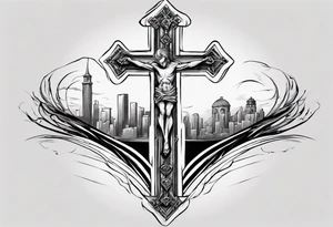 Inner bicep, stretched horizontally, bridge leading to a cross tattoo idea