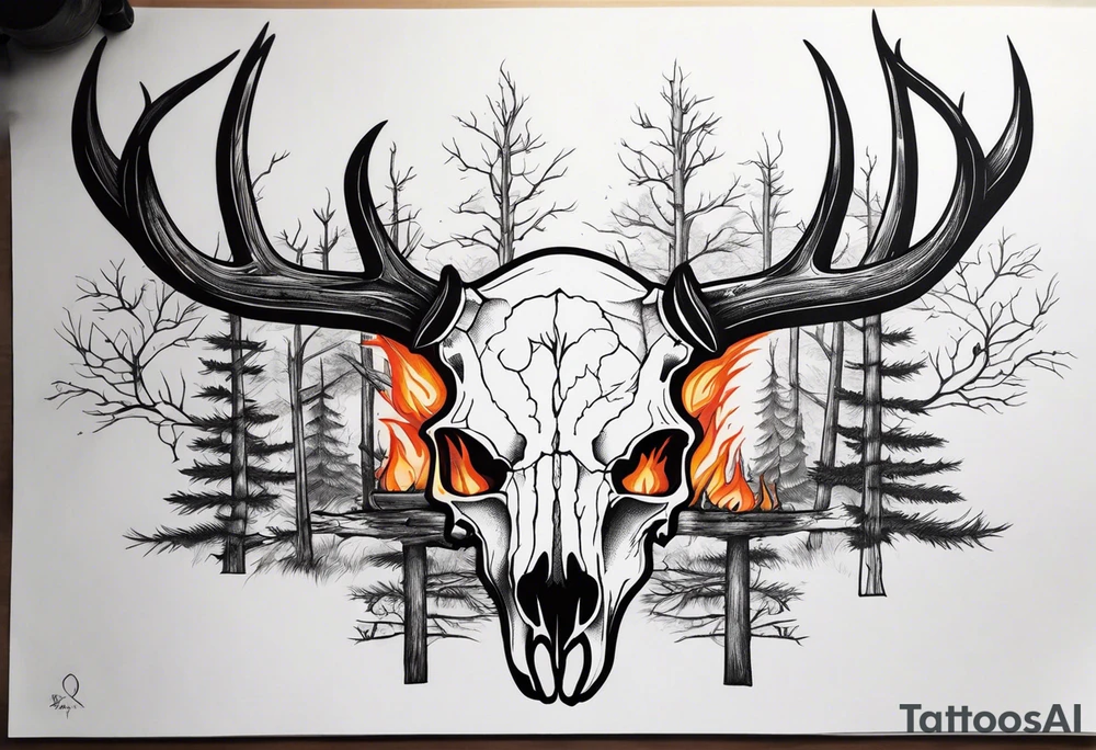 A side view of decayed deer skull surrounded by trees and fire tattoo idea