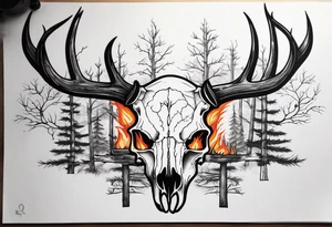 A side view of decayed deer skull surrounded by trees and fire tattoo idea