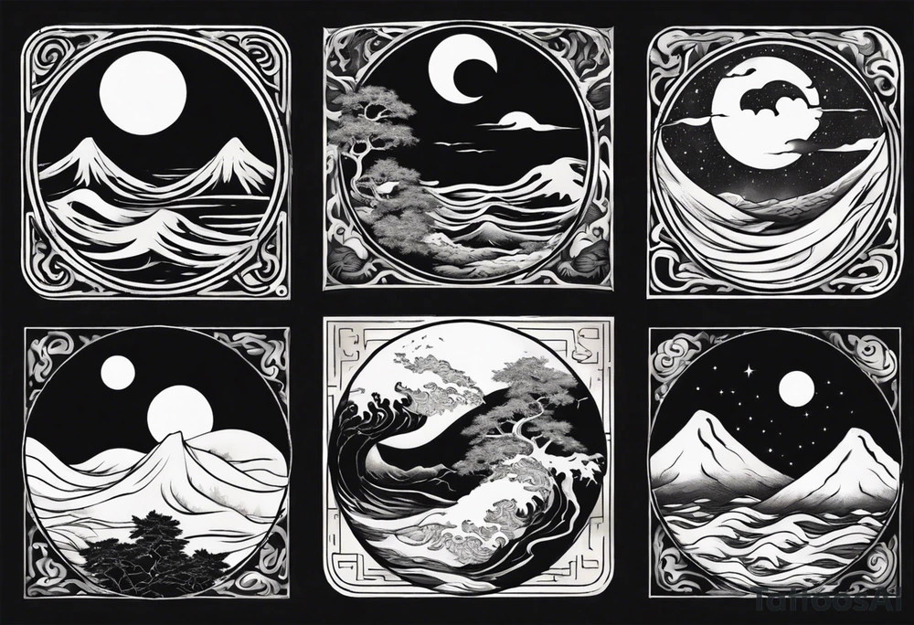 daytime yin with sun and ocean waves imagery in style of Hokusai with night time yin with moon and trees and mountains tattoo idea