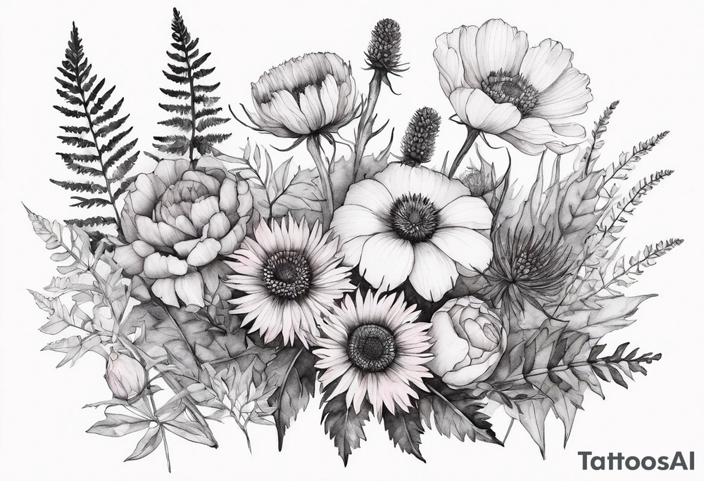 wildflowers with thistles, ferns, white flowers, cream flowers, pink flowers, burnt orange flowers, red flowers and all in watercolor tattoo idea