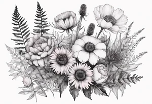 wildflowers with thistles, ferns, white flowers, cream flowers, pink flowers, burnt orange flowers, red flowers and all in watercolor tattoo idea