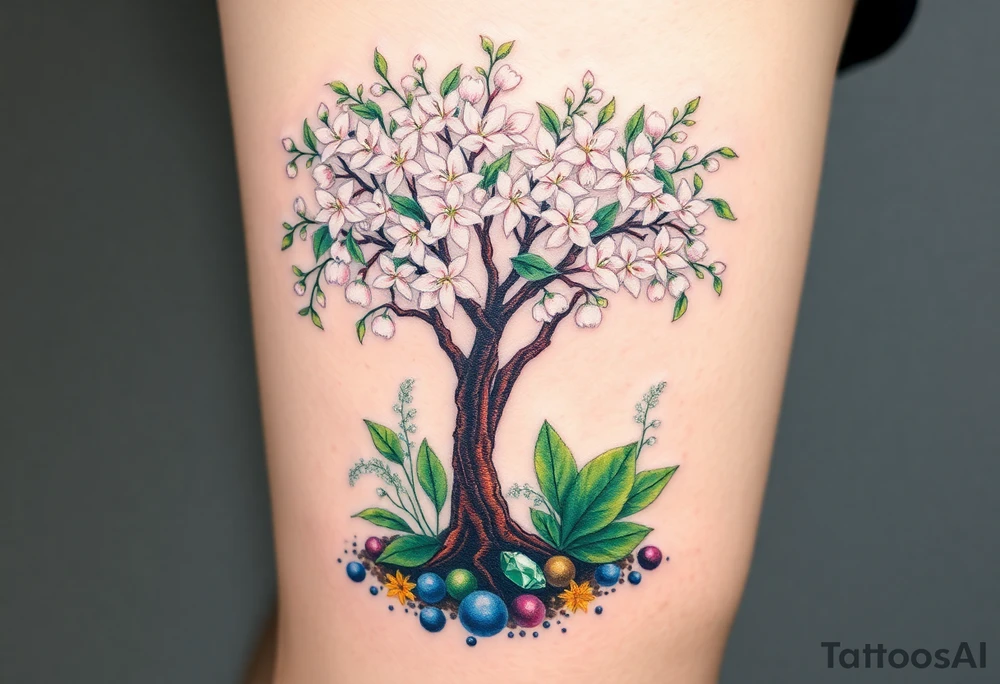 Flowering hawthorne tree with white lilly of the vally bell plants planted by  tree with other colorful  lilly plants on ground with a emerald by tree tattoo idea