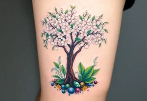 Flowering hawthorne tree with white lilly of the vally bell plants planted by  tree with other colorful  lilly plants on ground with a emerald by tree tattoo idea