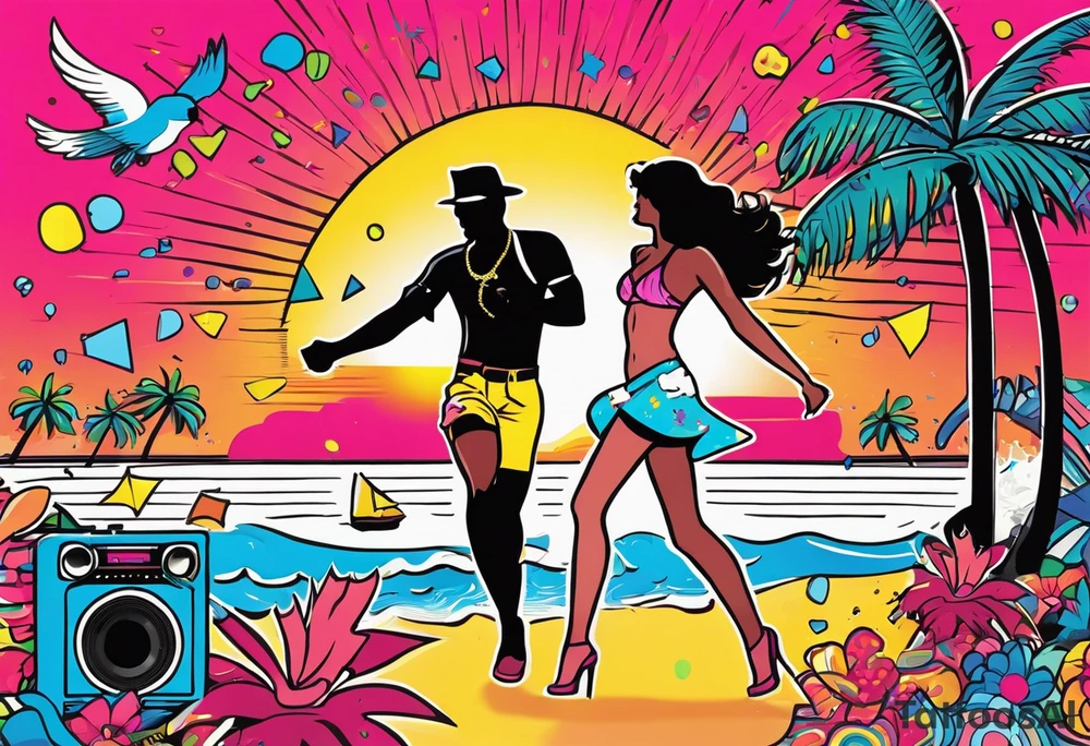 1980's miami vice style beach dance 
party, include confetti, music notes, boom box, bikinis sunset in the center tattoo idea