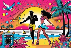 1980's miami vice style beach dance 
party, include confetti, music notes, boom box, bikinis sunset in the center tattoo idea