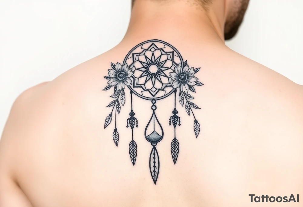 Boho dream catcher with gothic compass and hourglass. Beautiful flowers and an ornamental chandelier like look tattoo idea