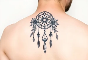 Boho dream catcher with gothic compass and hourglass. Beautiful flowers and an ornamental chandelier like look tattoo idea