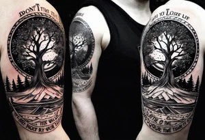Should be on the arm or hand it can also be around the arm like a circle. The tattoo should be tree of life with thia text: Don't waste your time looking back, you're not going that way. tattoo idea