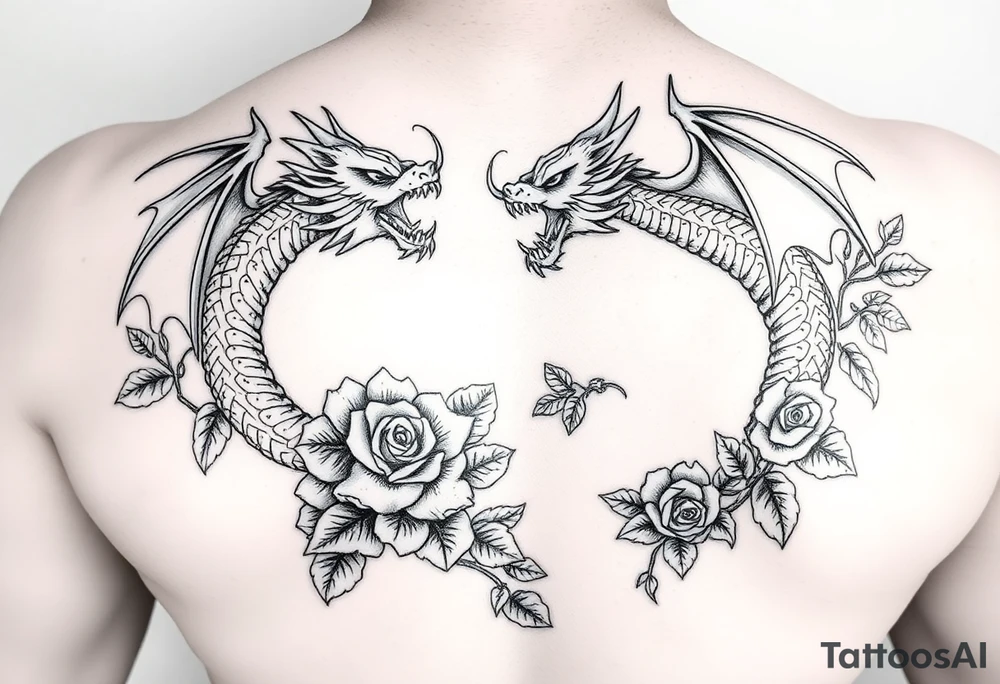 Dragons with roses and vines tattoo idea