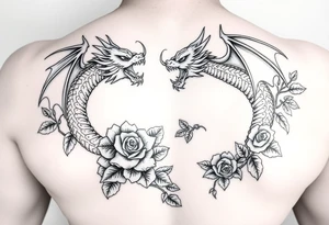 Dragons with roses and vines tattoo idea