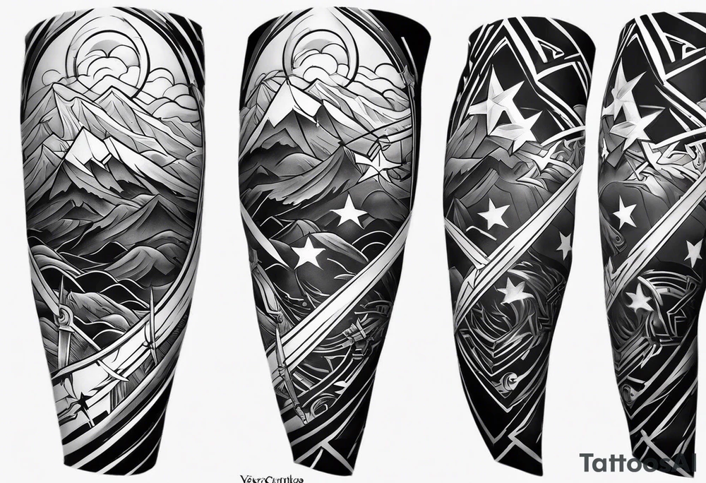 complete upper arm sleeve. Feature three mountain side by side, with 3 stars above them crossed sword patterns that evoke the Valkyrie spirit. Keep the design in clean, simple lines. tattoo idea