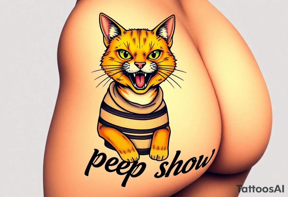 Design a tattoo of a high-quality full color illustration in a cartoonish style. The main element should be a cat wearing a straightjacket and displaying a wild, crazy expression on its face.   the words "psycho peep show" should be present in the design in a stylish tattoo style font , very detailed, very colorful and  vivid , highest quality tattoo . it  is placed on the buttock  of a young woman with a perfectly shaped firm butt, tattoo idea