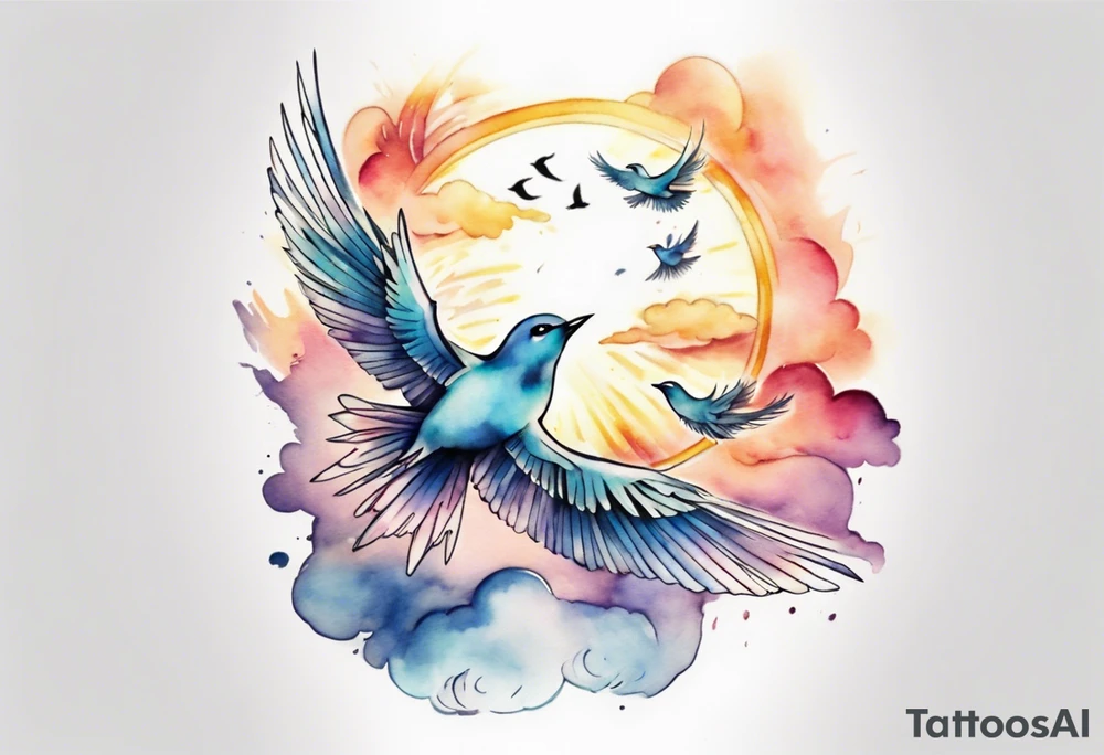 a shoulder tattoo with lots of rays of light in gradient starting from the middle
, clouds and birds flying free tattoo idea