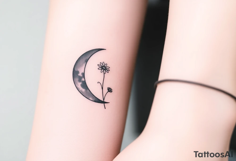 Small black and white tattoo waxing crescent moon with small Daisy birth flower and tiny Leo gliph tattoo idea
