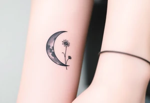 Small black and white tattoo waxing crescent moon with small Daisy birth flower and tiny Leo gliph tattoo idea