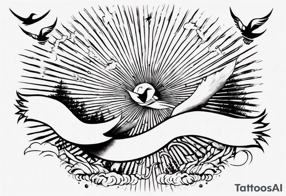 a shoulder tattoo with rays of light, clouds and birds flying free tattoo idea