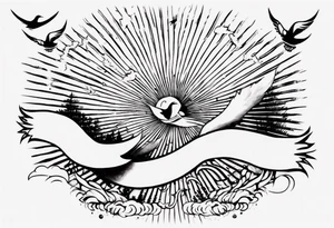 a shoulder tattoo with rays of light, clouds and birds flying free tattoo idea