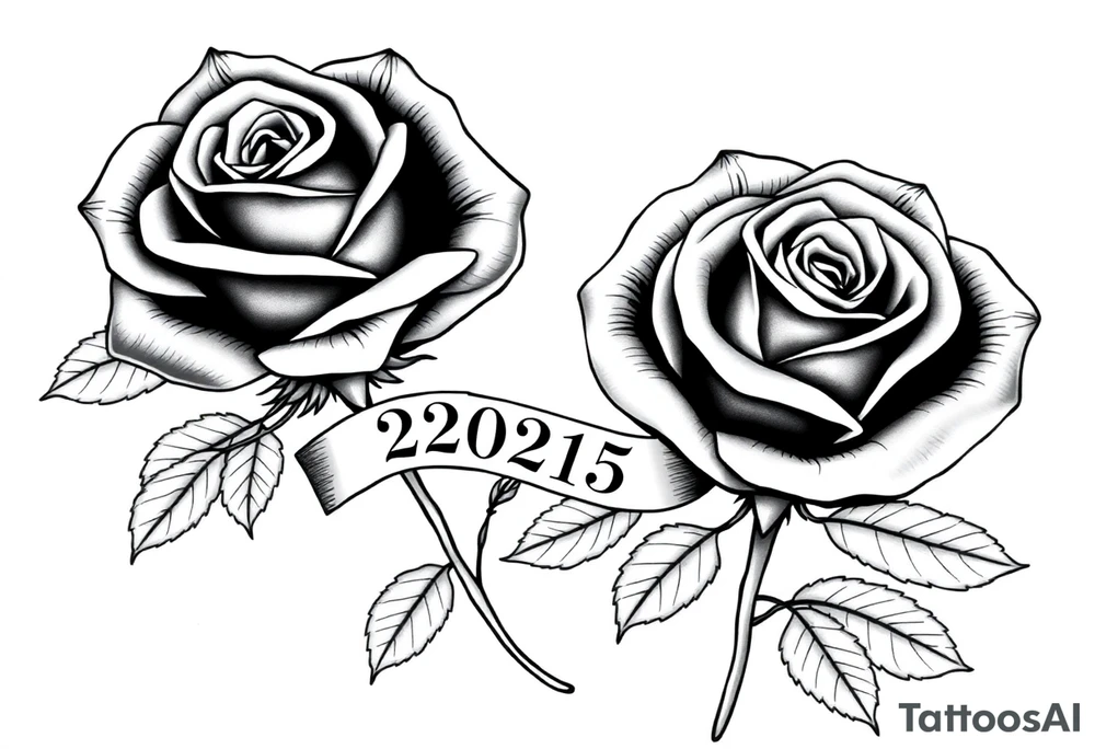 two beautiful large rose buds, one larger than the other, with many leaves next to the rose buds, with one sitting higher than the other. Include a banner connecting the two roses with the year "2025" on it.   Use dark outlines with little shading. The two stems should be short, not long, and connect and join into one stem, whimsically curved or twisted - not straight down. tattoo idea