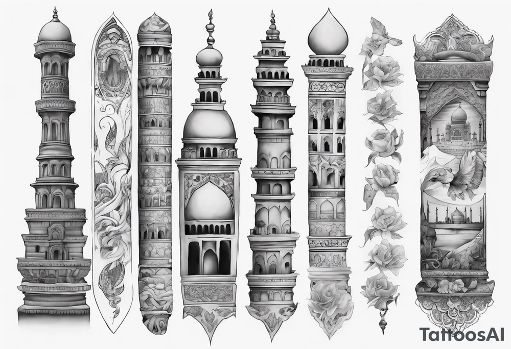 a sleeve tatoo that has petra, and the taj mahal tattoo idea