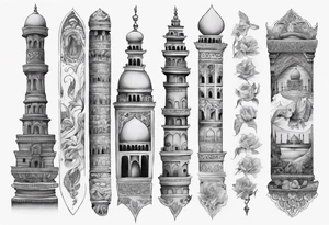 a sleeve tatoo that has petra, and the taj mahal tattoo idea
