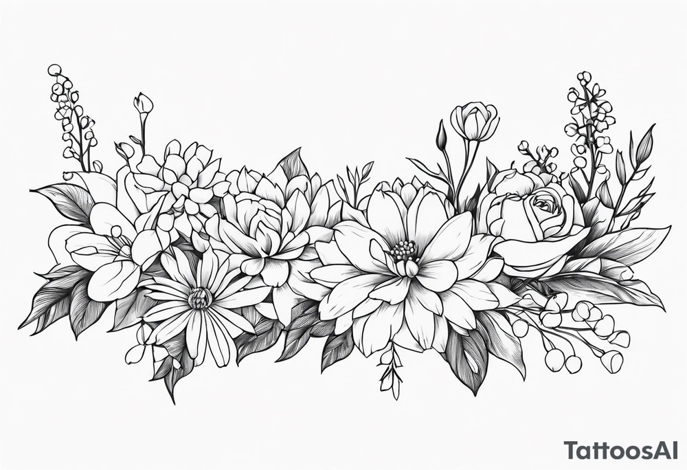 Asters, roses, lily of the valley, and chrysanthemums in a long line tattoo idea