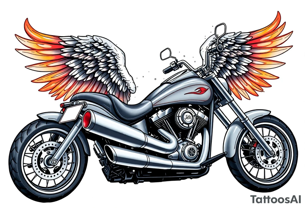 Low rider grey motorcycle, big muffler pipes with flames, angel wings, driving away, no person tattoo idea