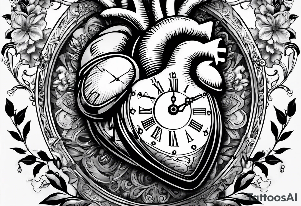 Anatomical heart with clock tattoo idea