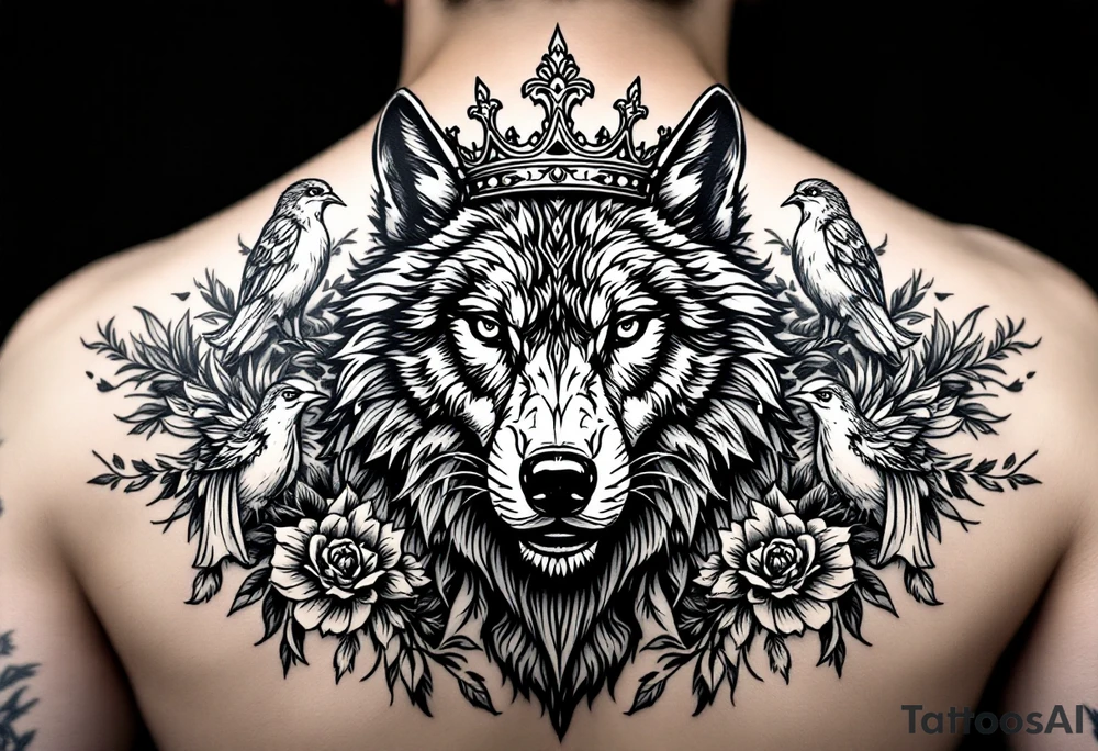 powerful majestic wolf with a crown, surrounded by floral ornaments and birds tattoo idea