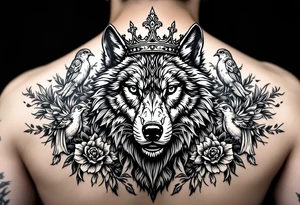 powerful majestic wolf  with a crown, surrounded by floral ornaments and birds tattoo idea