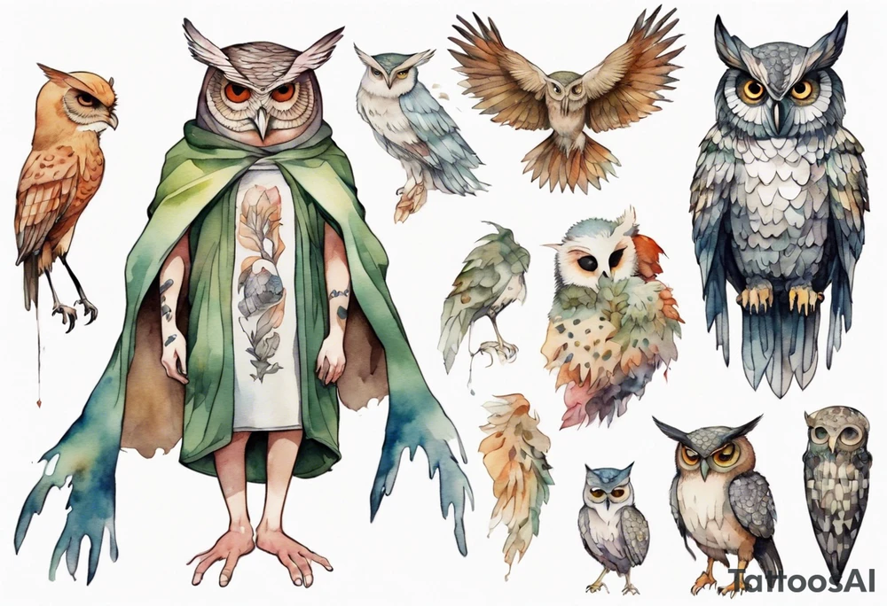 creature in a tunic wearing an owl mask walking in a forest with long thin legs, the feet of a bird, and wings instead of arms tattoo idea