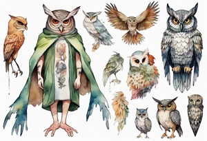 creature in a tunic wearing an owl mask walking in a forest with long thin legs, the feet of a bird, and wings instead of arms tattoo idea