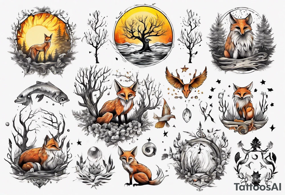sonne, eule  wald, fuchs 
baum, sapere aude, Wasser, fisch tattoo idea