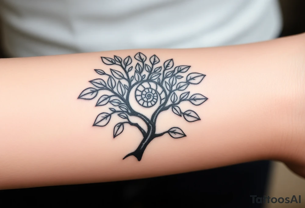 Fibonacci spiral shell inside of tree full of lots of leaves tattoo idea