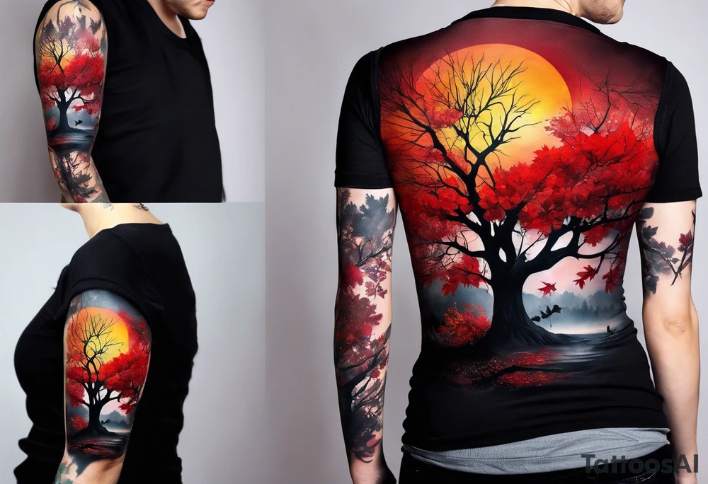 trash polka style. Arm tattoo. Long tattoo. Full sleeve. Shoulder. A single large maple tree with red autumn leaves that branches upwards from wrist to shoulder. White-throated dipper bird on the trees branches. Calluna flowers at the base of the trees stem. Tree stem has dark colors. Red/yellow sunset behind the trees stem. Leaves falling. tattoo idea