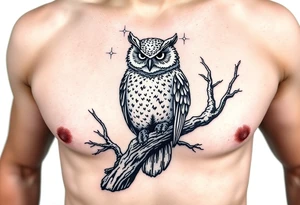 wise owl perched on ancient oak branch under starlit sky tattoo idea