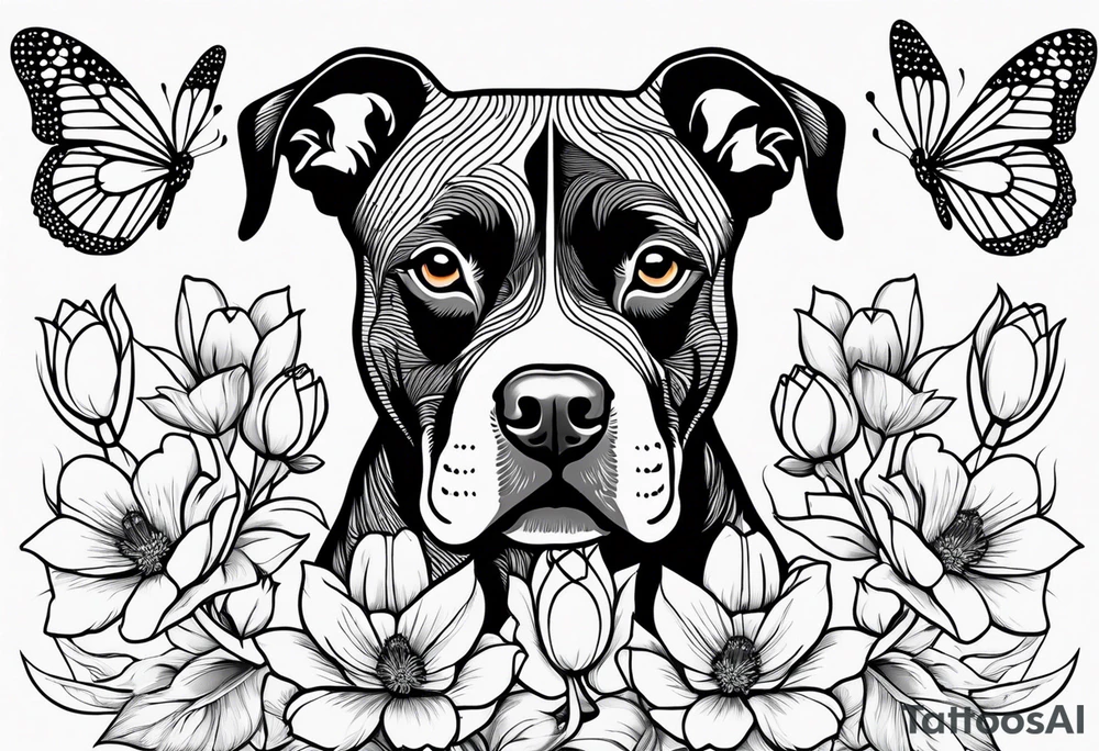 american black pitbull with floral backgrounds and tulips with a butterfly and an amstaff dog. tattoo idea