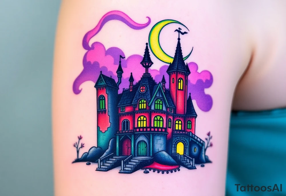 Tim Burton’s disney sleeping beauty’s haunted castle is abandoned and dripping with muted reds, dusty pinks, and eerie green glow.purple and cyan smokey clouds swirl in the crescent moonlit sky thats sprinkled with stars tattoo idea tattoo idea