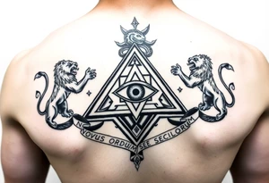 Pyramid with eye in the center, diamond with snake on the top,lions on corners,surrounded by words - novus ordum seclorum tattoo idea