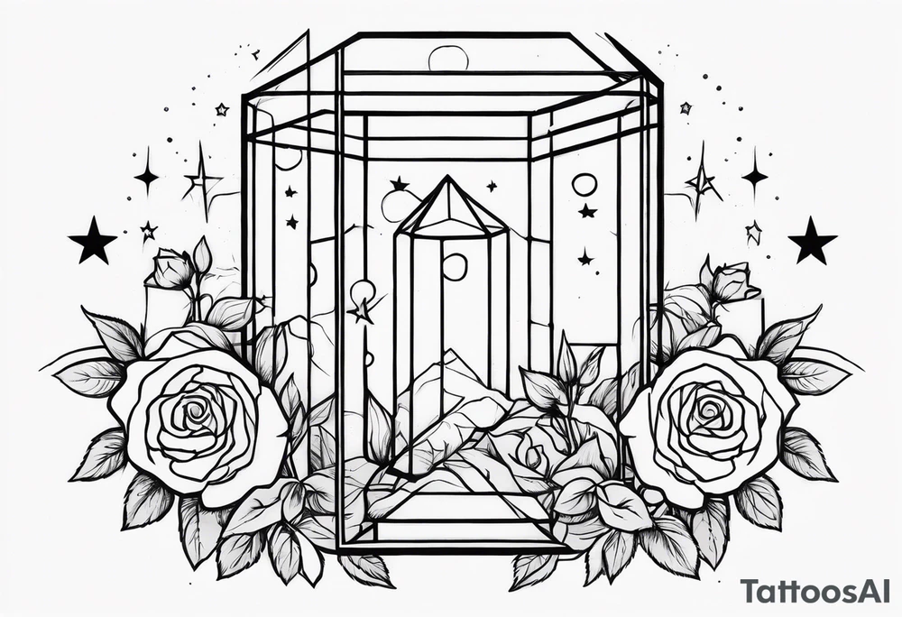 Tall Tesseract surrounded by roses and stars tattoo idea