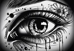 A realistic human eye crying tears of blood with a reflection of two black shadows or people holding guns at two wounded people on the floor tattoo idea