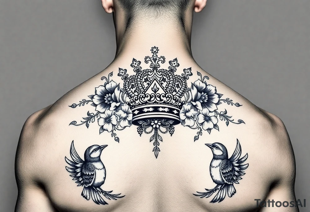 powerful majestic with a crown, surrounded by floral ornaments and birds tattoo idea